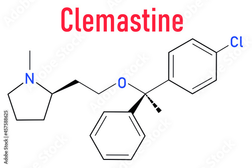 Clemastine (meclastine) antihistamine drug molecule. Used to treat allergy and itching. Skeletal formula.