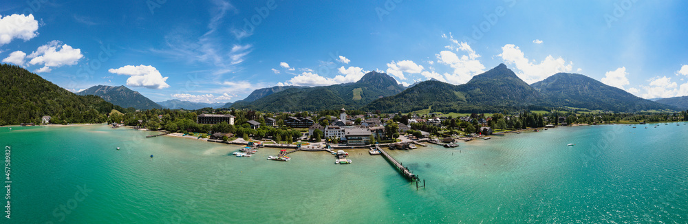 Strobl at the Wolfgangsee Lake in Salzkammergut, Austria. Scenic panorama aerial view to the famous village and touristic travel destination.