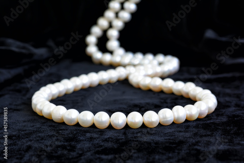 Canvastavla Natural pale pearl necklace on a black velvet background, closeup