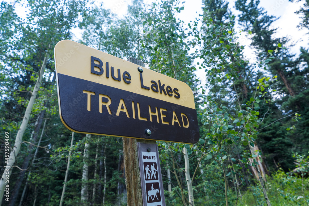 Sign for the Blue Lakes trailhead in Colorado, in the Mt. Sneffels wilderness