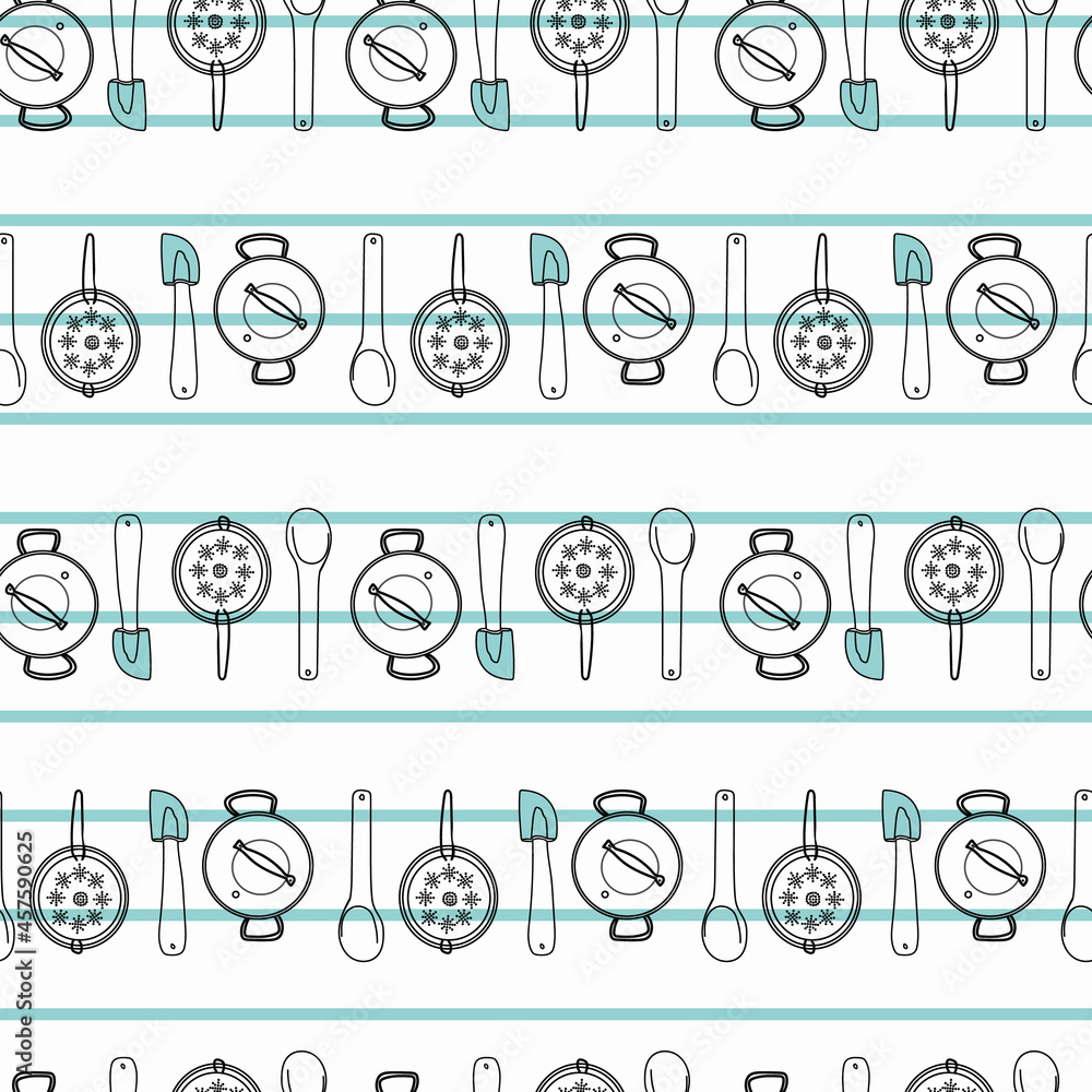 Vector Stripes kitchen utensils doodle background pattern