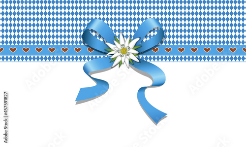 Oktoberfest Bordüre mit Schleife, Edelweiß, Rautenmuster und Lebkuchen Herzen,
Vektor Illustration isoliert auf weißem Hintergrund
