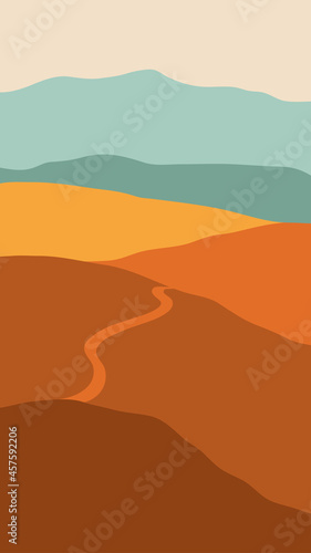 Beautiful abstract landscape, background or card template in modern colors, in popular art style