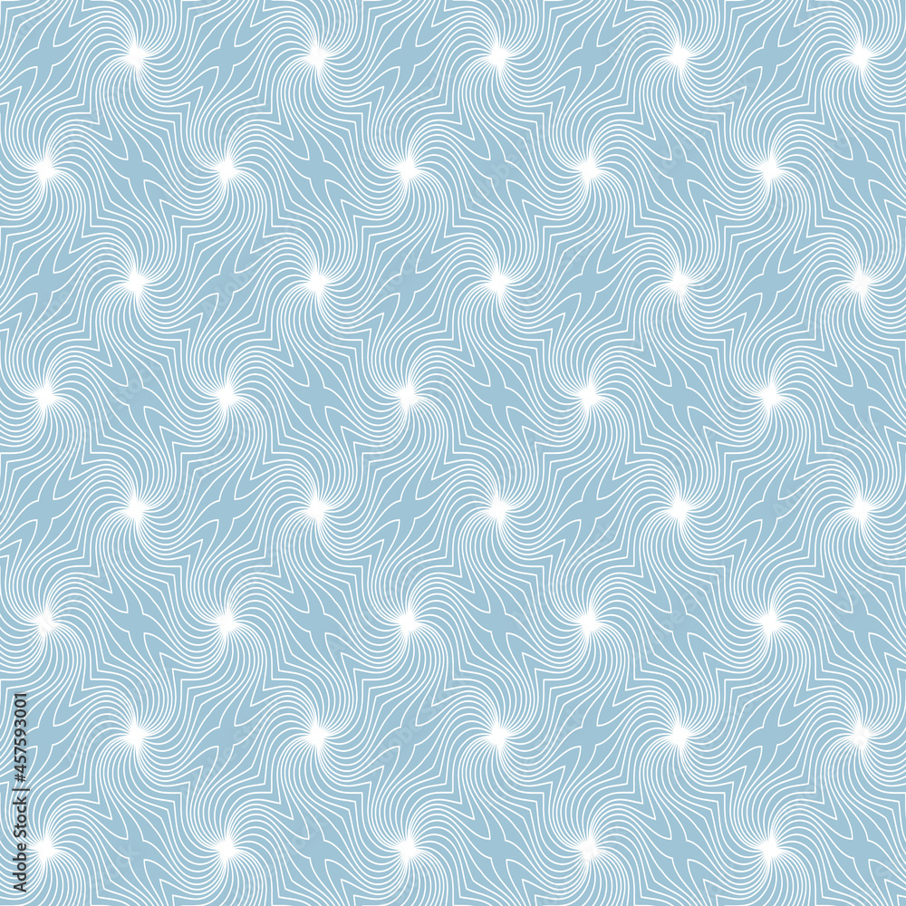 Abstract geometric seamless pattern of  white swirls on blue-gray background. Spiral, vortex linear backdrop for textile and paper design