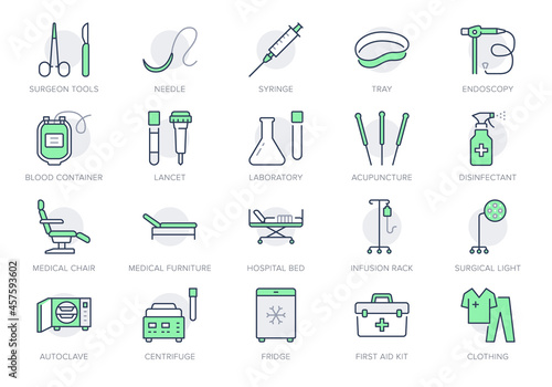 Medical equipment line icons. Vector illustration include icon - blood bag, scalpel, medical furniture, needle, endoscopy outline pictogram for healthcare store. Green color, Editable Stroke