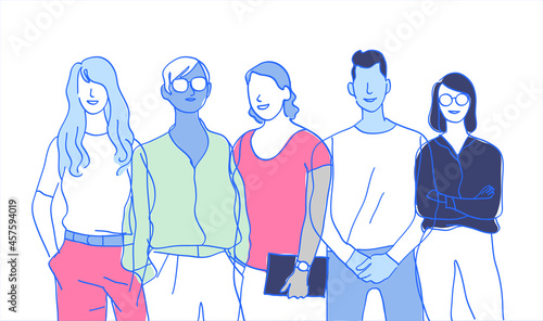 Team di giovani talenti. Gruppo di personaggi colorati maschili e femminili isolati sullo sfondo bianco