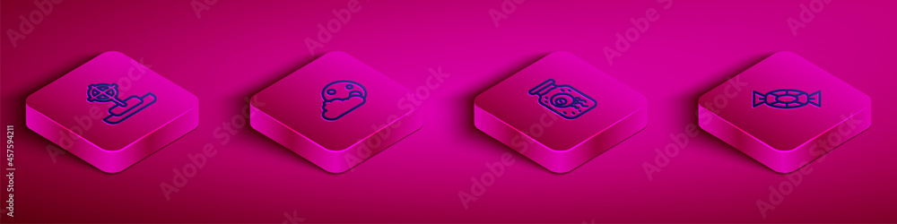 Set Isometric line Tombstone with cross, Moon and stars, Eye in jar and Candy icon. Vector Set Isometric line Tombstone with cross, Moon and stars, Eye in jar and Candy icon. Vector