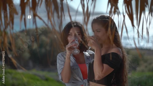 sweet girls drinking wine in cafe at the seaside. Best friends spend summer time together. The girls are happy and enjoy life. The road by car to the sea. Friendship and love forever. The beauty of