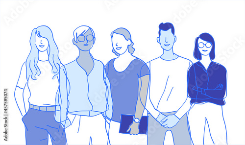 Team di giovani talenti. Gruppo di personaggi colorati maschili e femminili isolati sullo sfondo bianco
