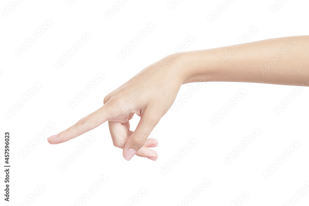 beautiful woman hand on white background index finger gesture. isolate