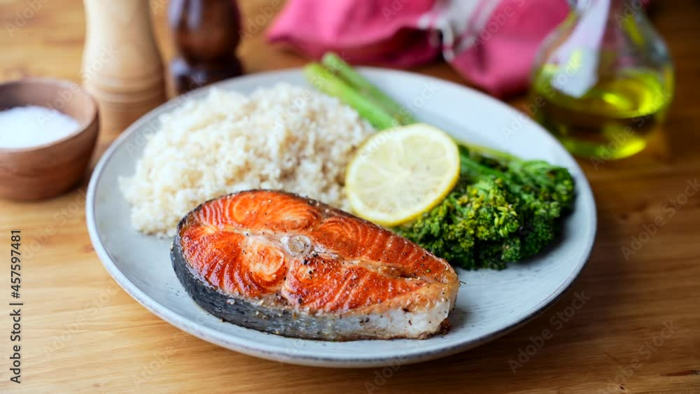 baked salmon with brown rice and broccolini baked salmon with brown rice and broccolini