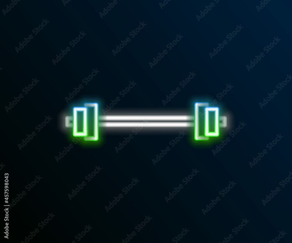 Glowing neon line Barbell icon isolated on black background. Muscle lifting icon, fitness barbell, gym, sports equipment, exercise bumbbell. Colorful outline concept. Vector Glowing neon line Barbell icon isolated on black background. Muscle lifting icon, fitness barbell, gym, sports equipment, exercise bumbbell. Colorful outline concept. Vector
