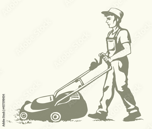 The man mows the grass. Vector drawing