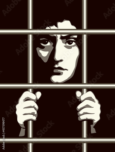 A man in prison behind bars. Vector drawing