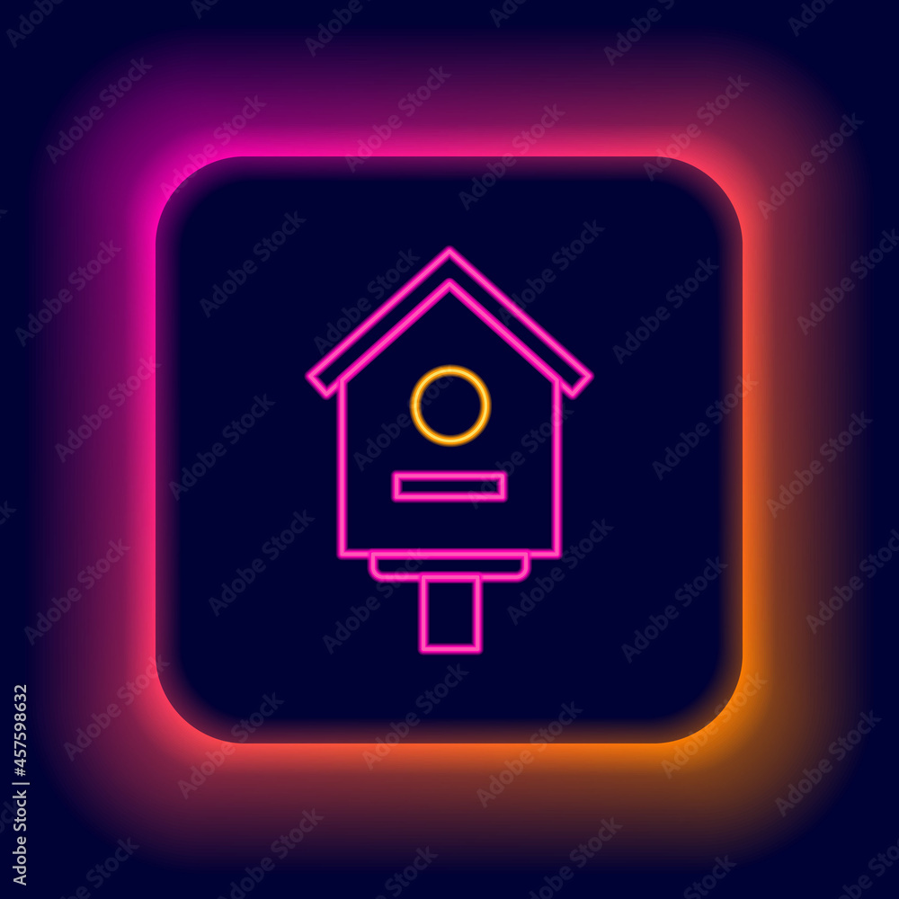 Glowing neon line Bird house icon isolated on black background. Nesting box birdhouse, homemade building for birds. Colorful outline concept. Vector Glowing neon line Bird house icon isolated on black background. Nesting box birdhouse, homemade building for birds. Colorful outline concept. Vector