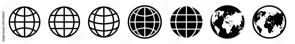 Earth globe vector icon set. World map black icons isolated. World wide web signs on white background. Planet logo symbol in modern flat style. Globe www icons collection. Earth globe vector icon set. World map black icons isolated. World wide web signs on white background. Planet logo symbol in modern flat style. Globe www icons collection.
