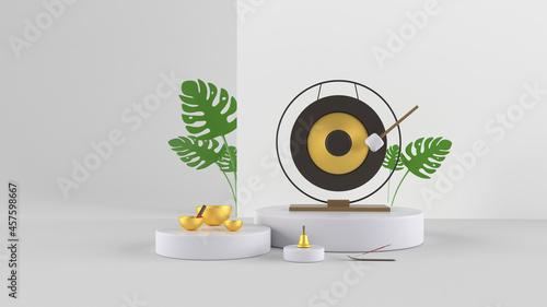 Modern 3d illustration. Set of musical instruments for yoga and meditation on white background. Gong, Tibetan singing bowl, bell, incense, green plants. 