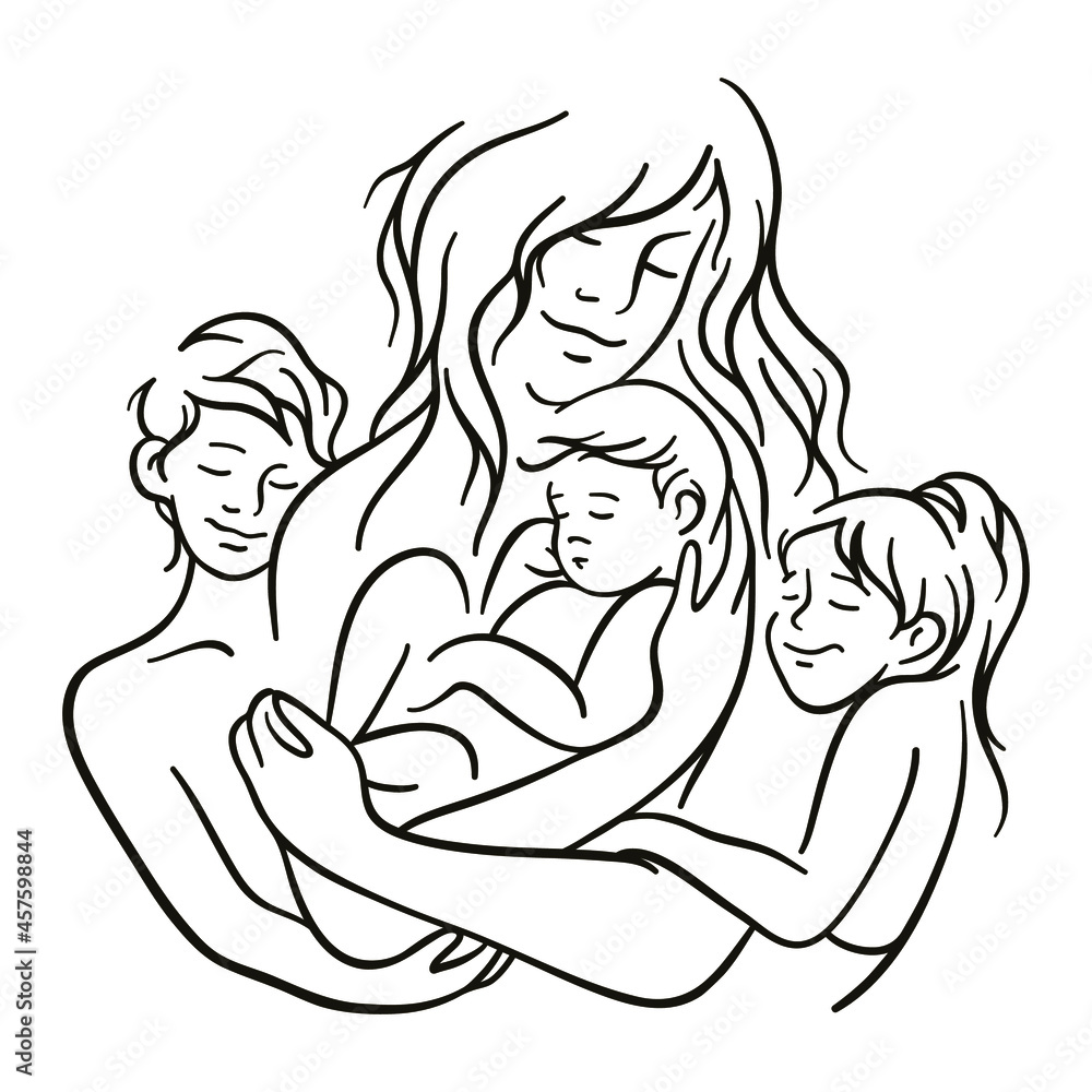 Mother and children. Mom and child line art. Motherhood concept. Mother's day. Vector illustration on white background. Mother and children. Mom and child line art. Motherhood concept. Mother's day. Vector illustration on white background.
