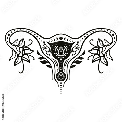 Uterus with flowers. Floral Uterus line art. Floral Ovaries. Pregnancy. Women's Health. Woman reproductive system. Feminine art vector illustration. 