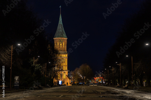 Konigsberg Cathedral (circa 1333) on Kant Island (formerly Kneiphof) of the Pregel (Pregolya) River at night. Kaliningrad, Russia.
