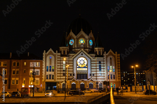 KALININGRAD, RUSSIA - MARCH 12, 2021: New Liberal Synagogue in Kaliningrad at night.