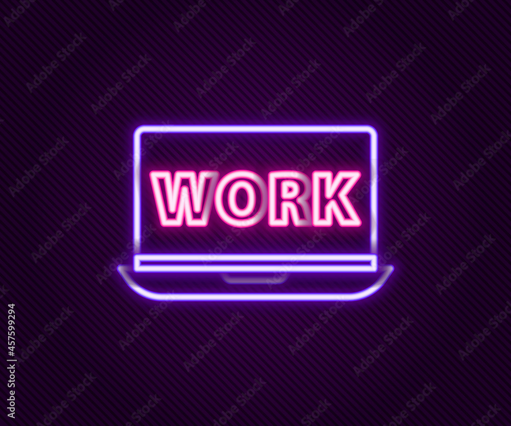 Glowing neon line Laptop with text work icon isolated on black background. Colorful outline concept. Vector