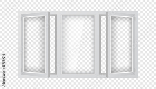 Large plastic window with half open casements. Triple plastic window mockup template. Realistic windowpane frame with transparent glass for outdoor interior design.
