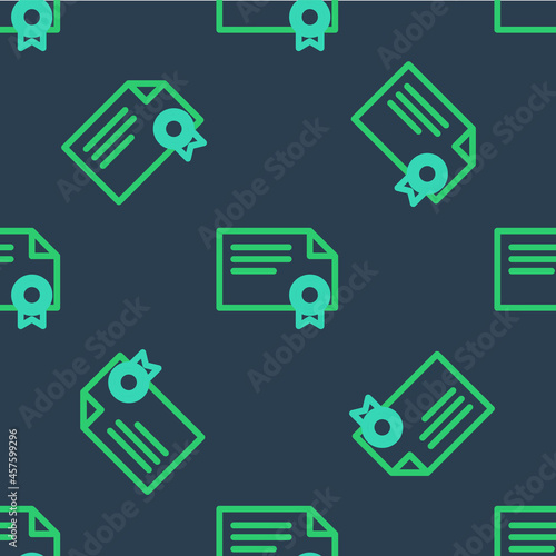 Line Certificate template icon isolated seamless pattern on blue background. Achievement, award, degree, grant, diploma concepts. Vector