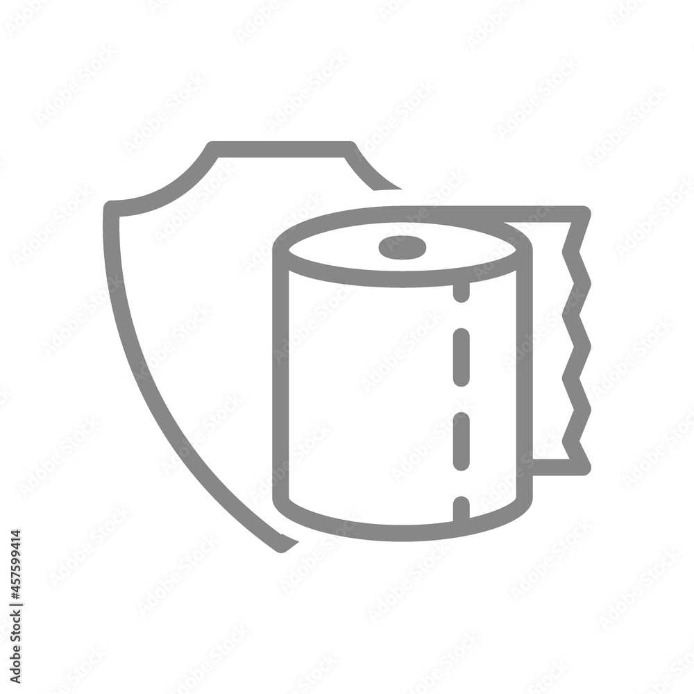 Toilet paper with shield line icon. Paper roll, napkins, cleanliness protection, personal hygiene symbol Toilet paper with shield line icon. Paper roll, napkins, cleanliness protection, personal hygiene symbol