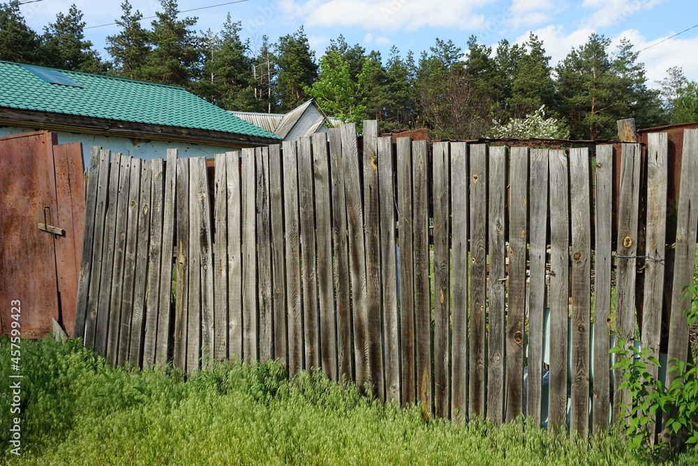 Fototapeta premium gray wall of a rural fence made of wooden boards in green grass on the street