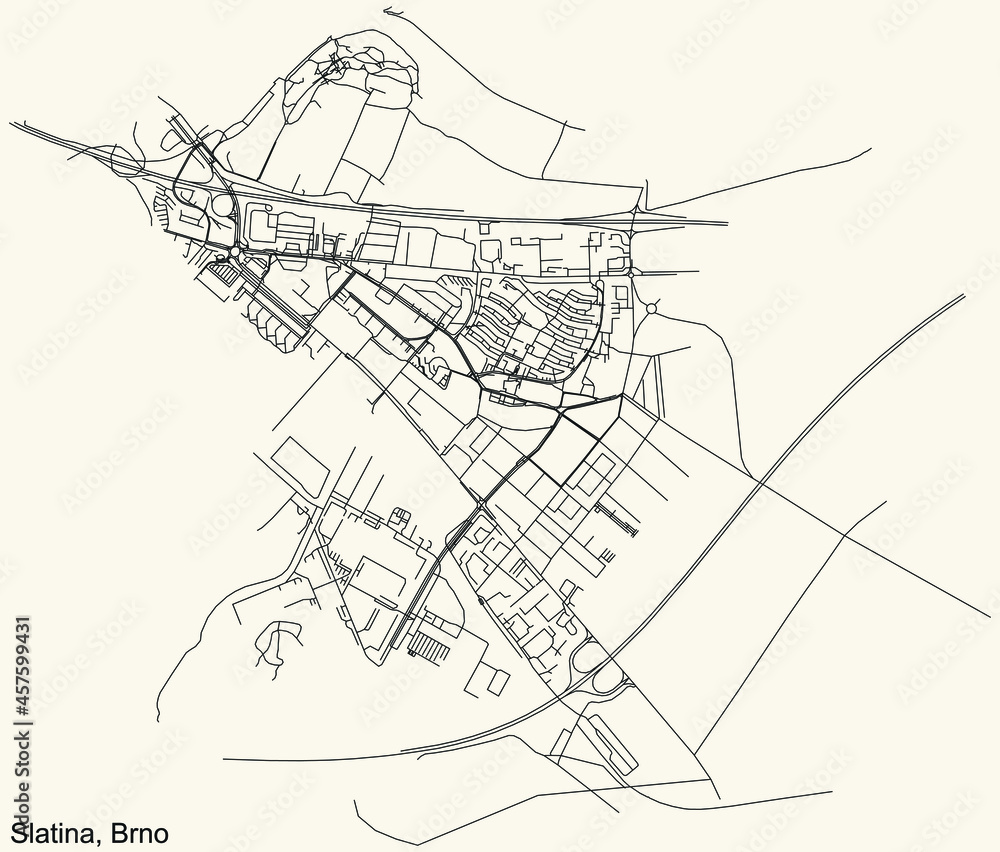 Detailed navigation urban street roads map on vintage beige background of the brněnský quarter Slatina district of the Czech capital city of Brno, Czech Republic