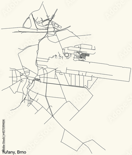 Detailed navigation urban street roads map on vintage beige background of the brněnský quarter Tuřany district of the Czech capital city of Brno, Czech Republic