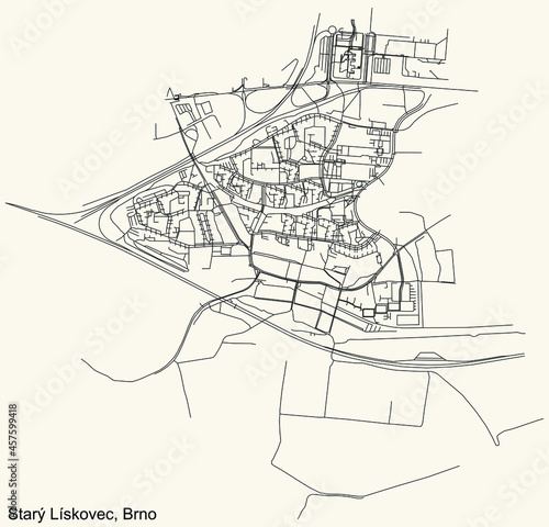 Detailed navigation urban street roads map on vintage beige background of the brněnský quarter Starý Lískovec district of the Czech capital city of Brno, Czech Republic