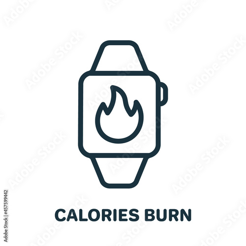 Fitness Tracker for Count Burned Calories Line Icon. Smart Wristband with Flame Linear Pictogram. Smartwatch App Counter for Calories Burn Outline Icon. Editable Stroke. Isolated Vector Illustration