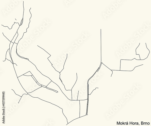 Detailed navigation urban street roads map on vintage beige background of the brněnský quarter Mokrá Hora district of the Czech capital city of Brno, Czech Republic