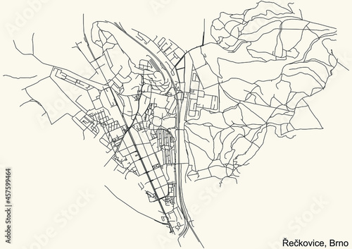 Detailed navigation urban street roads map on vintage beige background of the brněnský quarter Řečkovice district of the Czech capital city of Brno, Czech Republic