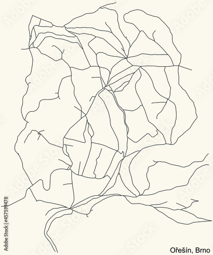 Detailed navigation urban street roads map on vintage beige background of the brněnský quarter Ořešín district of the Czech capital city of Brno, Czech Republic