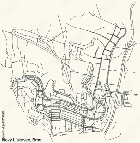 Detailed navigation urban street roads map on vintage beige background of the brněnský quarter Nový Lískovec district of the Czech capital city of Brno, Czech Republic