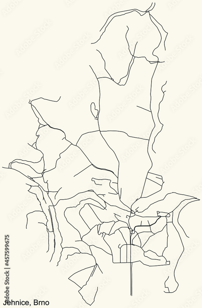 Detailed navigation urban street roads map on vintage beige background of the brněnský quarter Jehnice district of the Czech capital city of Brno, Czech Republic