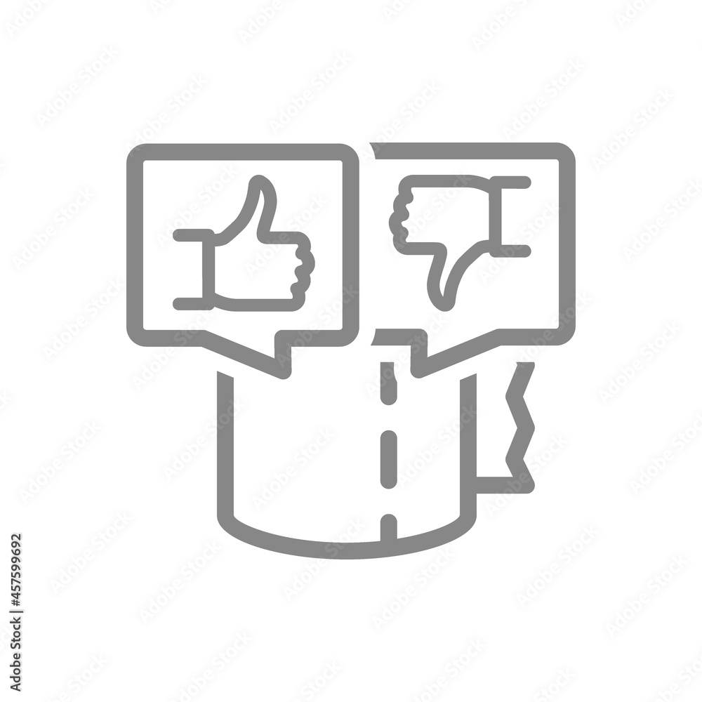 Toilet paper with thumb up and thumb down in speech buble line icon. Paper roll, napkins, voting, like, dislike symbol Toilet paper with thumb up and thumb down in speech buble line icon. Paper roll, napkins, voting, like, dislike symbol