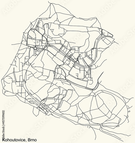 Detailed navigation urban street roads map on vintage beige background of the brněnský quarter Kohoutovice district of the Czech capital city of Brno, Czech Republic