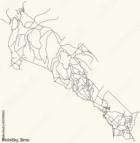 Detailed navigation urban street roads map on vintage beige background of the brněnský quarter Kníničky district of the Czech capital city of Brno, Czech Republic