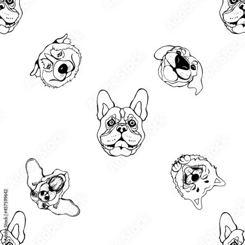 Seamless pattern of hand drawn sketch style portraits of dogs isolated on white background. Vector illustration.