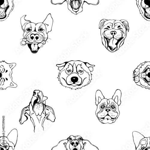 Seamless pattern of hand drawn sketch style portraits of dogs isolated on white background. Vector illustration.