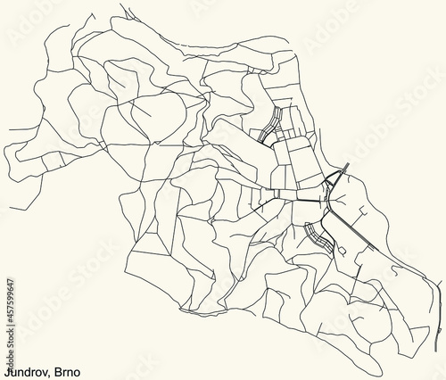 Detailed navigation urban street roads map on vintage beige background of the brněnský quarter Jundrov district of the Czech capital city of Brno, Czech Republic