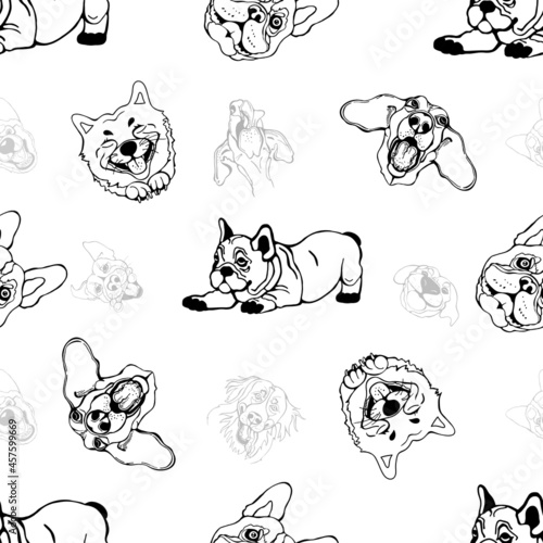 Seamless pattern of hand drawn sketch style portraits of dogs isolated on white background. Vector illustration.