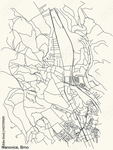 Detailed navigation urban street roads map on vintage beige background of the brněnský quarter Ivanovice district of the Czech capital city of Brno, Czech Republic