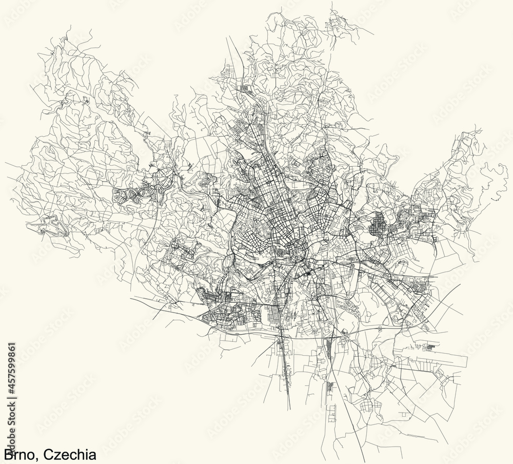 Fototapeta premium Detailed navigation urban street roads map on vintage beige background of the Czech regional capital city of Brno, Czech Republic