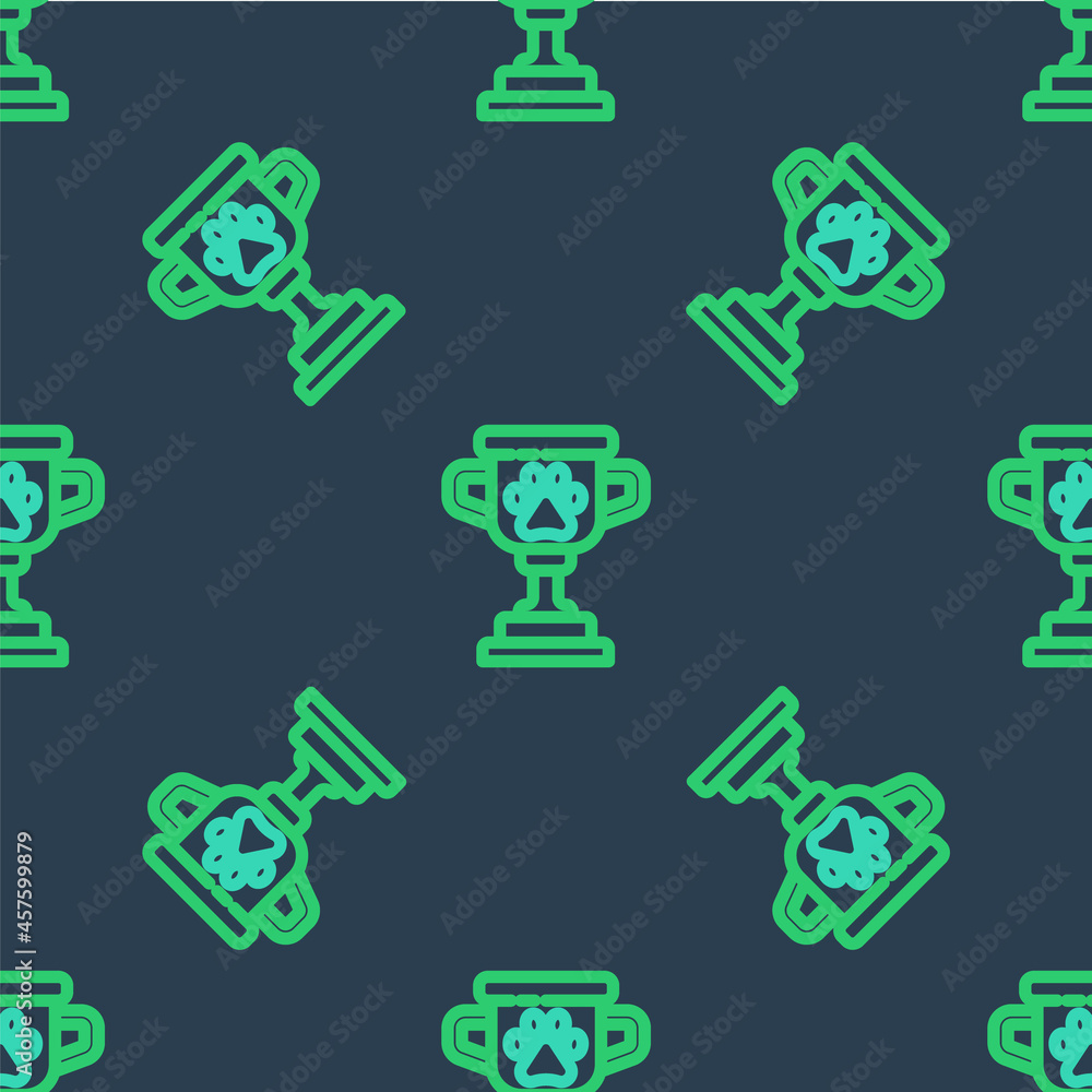 Line Pet award symbol icon isolated seamless pattern on blue background. Medal with dog footprint as pets exhibition winner concept. Vector Line Pet award symbol icon isolated seamless pattern on blue background. Medal with dog footprint as pets exhibition winner concept. Vector