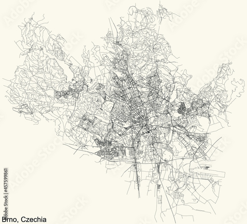 Detailed navigation urban street roads map on vintage beige background of the Czech regional capital city of Brno, Czech Republic